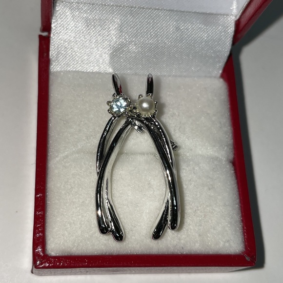 Vintage Silver Double Wishbone Blue Topaz Pearl Brooch Pin - Picture 1 of 12